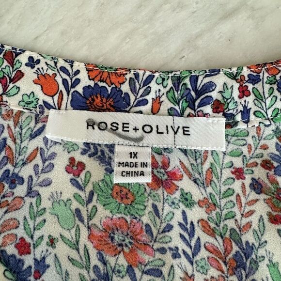 Rose & Olive Women's Ivory/Blue/Green Floral Boho/Peasant Tie Neck size 1X - Picture 4 of 7